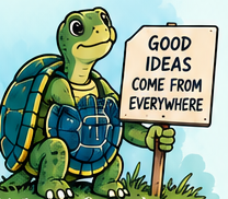 Wise Minds turtle holding a good ideas sign